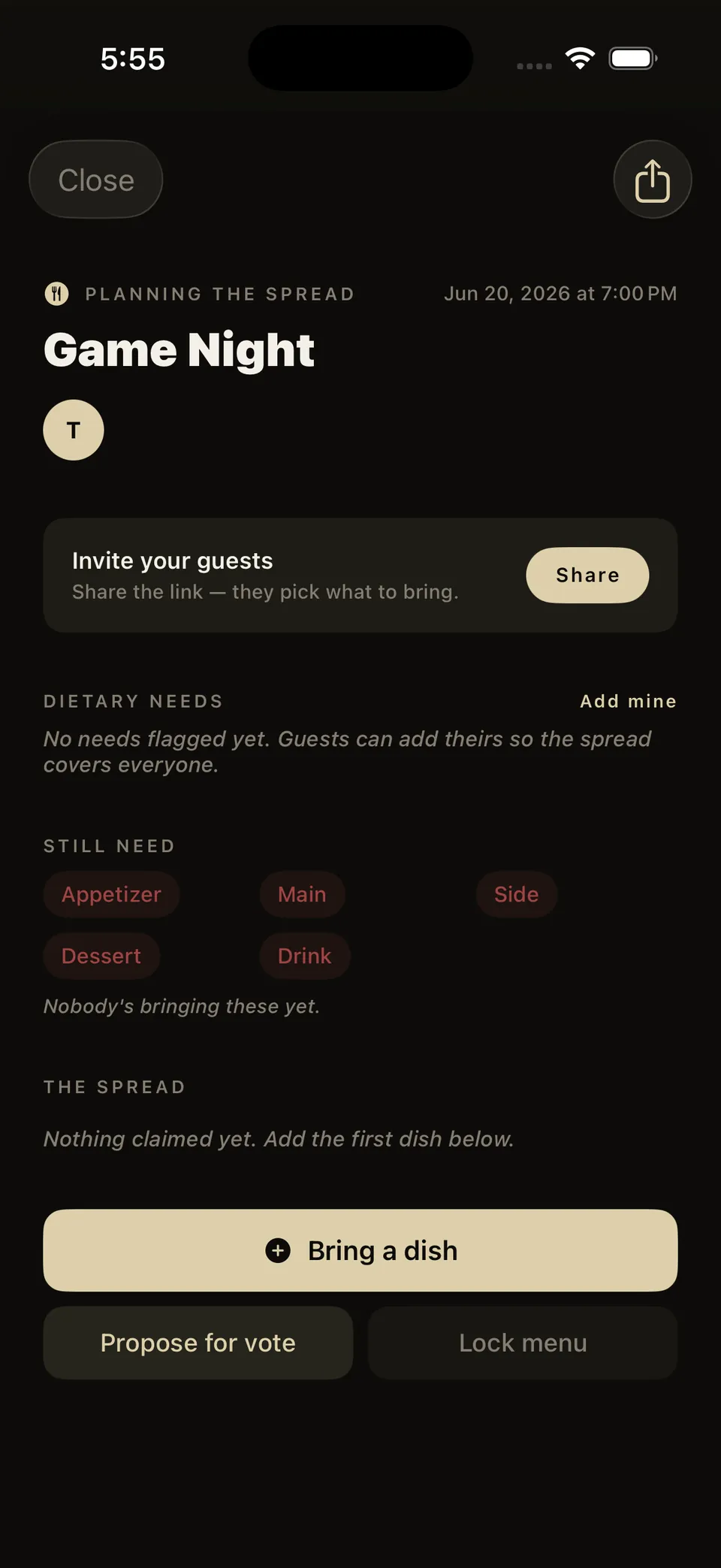 theBEAT theTABLE — a dinner that assembles itself, scaled and assigned. Real app capture.