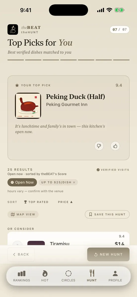 theBEAT The Hunt — tap a few wants, one verdict back. Real app capture.