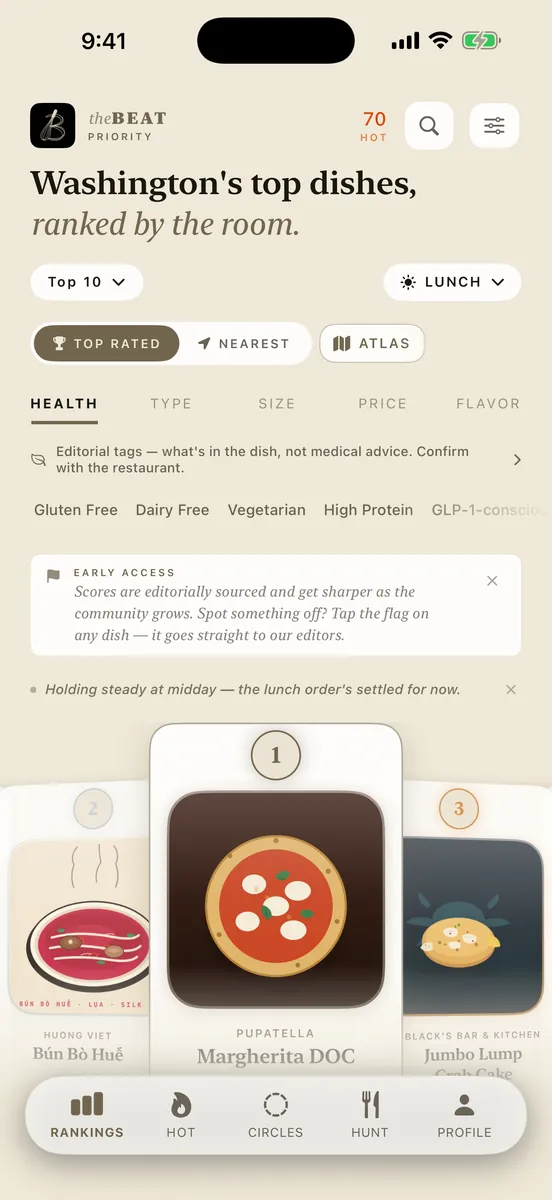 theBEAT Rankings — real app capture: Washington's top dishes, ranked by the room.