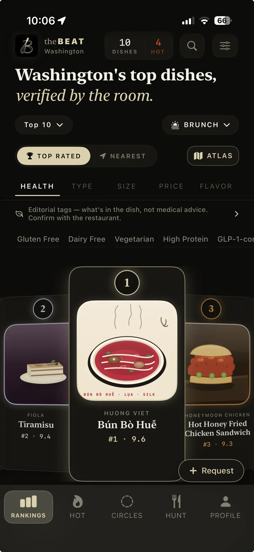 theBEAT Rankings — real app capture: Washington's top dishes, ranked by the room.